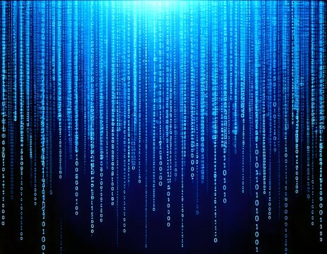 Blue digital binary code rain falling down on abstract tech background.