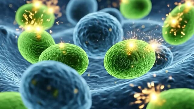 Microscopic view of green bacteria cells attacking human tissue, 3D medical illustration of viral infection, pathogen invasion concept for pharmaceutical research and biology