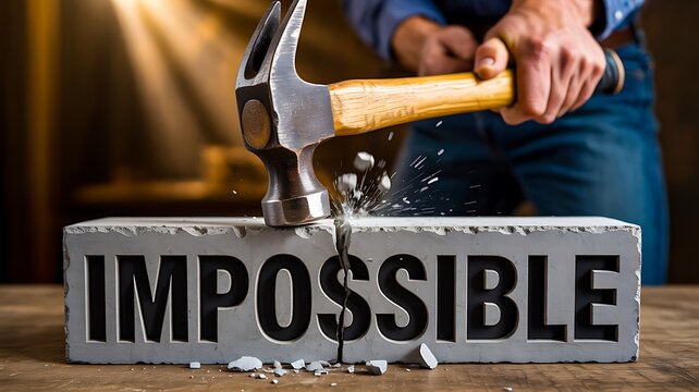 Breaking impossible barrier with hammer motivation concept