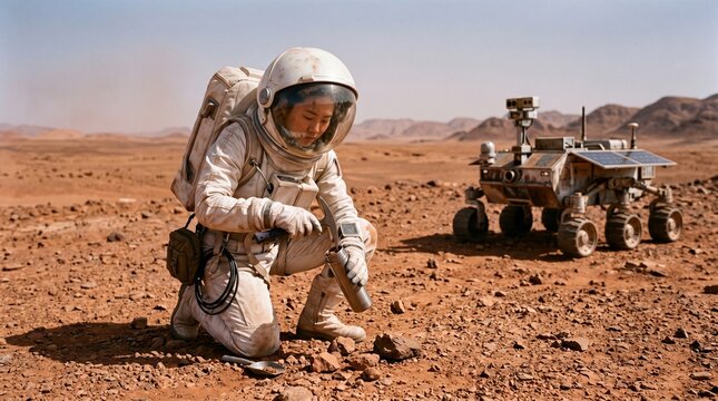 Astronaut explores a desolate red planet, kneeling to examine a rock sample while an advanced robotic rover assists, highlighting humanity's scientific quest beyond Earth