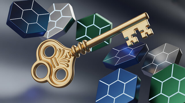 Golden key and hexes puzzle - 3d rendering 