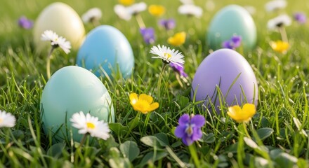 Fototapeta premium Easter eggs in green grass flowers.