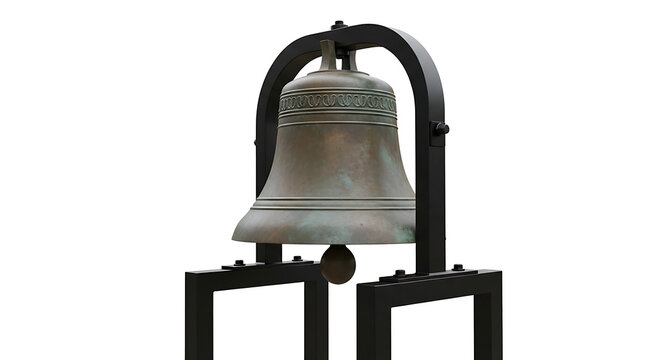 Isolated antique bronze bell on a black metal stand, close-up