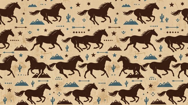 Western horse pattern with mountains and cacti vintage cowboy fabric design wild west home decor animal pattern decorative