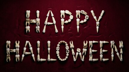 Fototapeta premium Creepy White Teeth Forming Happy Halloween Message on Dark Red Fabric Background