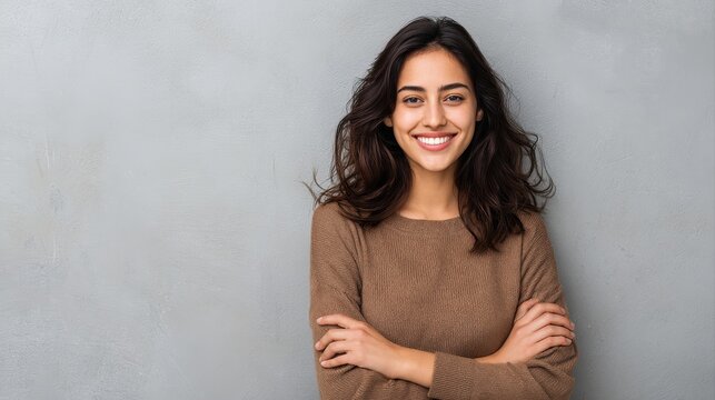 Portrait of a young latin woman with pleasant smile and crossed arms isolated on grey wall with copy space. Beautiful girl with folded arms looking at camera against grey wall. Cheerful hispanic woman