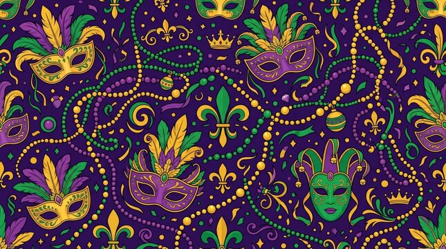 Mardi gras seamless pattern with masks beads fleur-de-lis fat tuesday king cake carnival celebration seamless festival