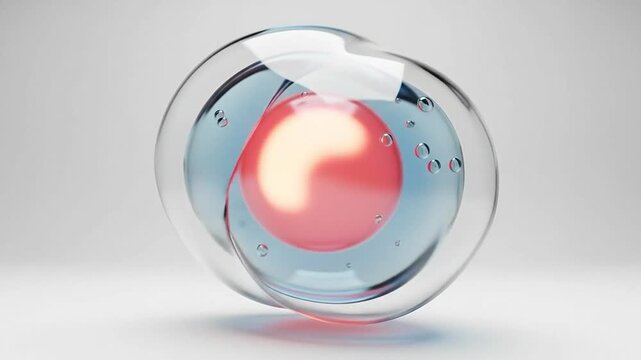 Abstract 3D Glass Cell Structure with Glowing Red Nucleus for Biological Research and Medical Science Visualization Concept