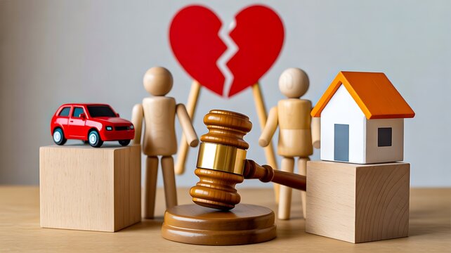 Divorce settlement concept with house car and judge gavel on table