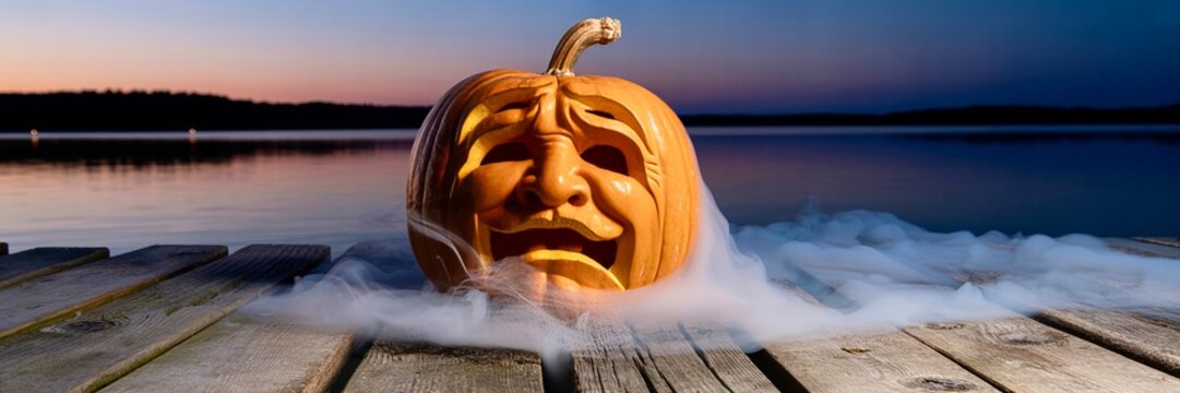 Autumn scene with carved pumpkin by the water during sunset with fog and reflections in the lake social media banner