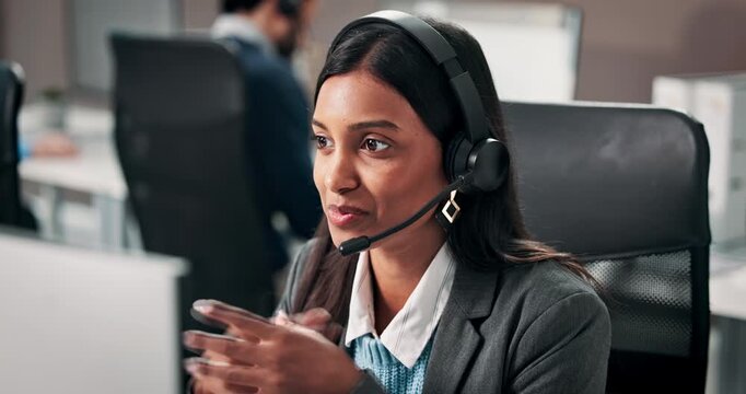 Happy, office and business woman with headset for online consulting, finance advice and talking. Insurance agency, communication and person on computer for contact us, virtual help and feedback