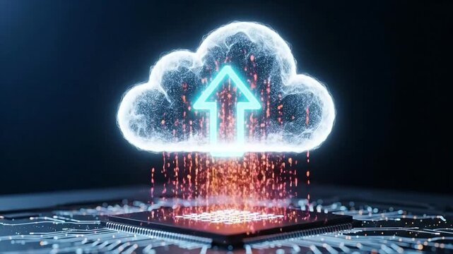 Cloud computing data upload concept with digital arrow icon rising from computer processor chip on circuit board representing server storage and information technology infrastructure