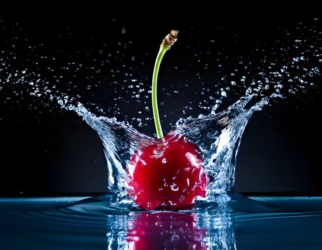 Red sweet cherry falling into water with a splash and droplets on black background