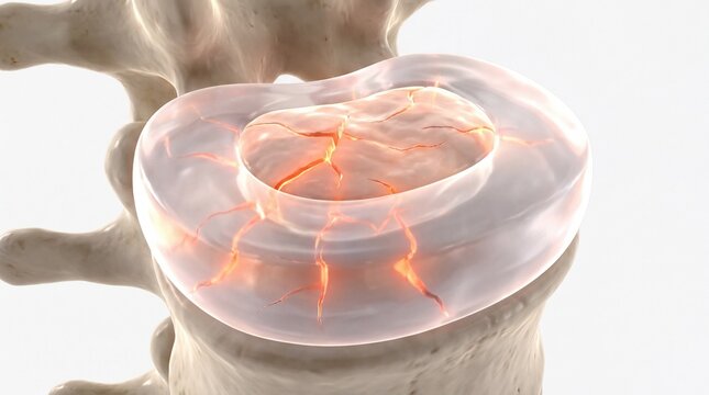 Medical illustration showing cracked spinal disc and vertebral damage causing chronic pain.
