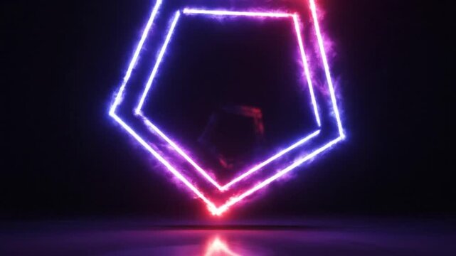 Glowing neon double-lined pentagon in purple, blue, and red tones, floating above a reflective dark surface with smoke effects and recursive tunnel perspective on black background.
