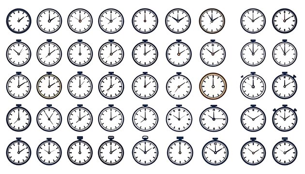 Multiple clock faces in a grid.