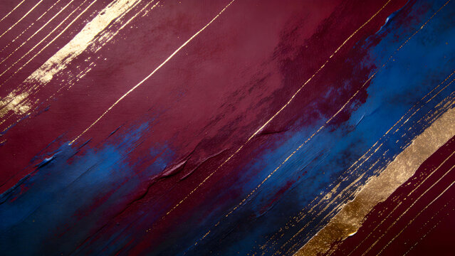 Abstract textured background with dynamic diagonal brush strokes in burgundy and blue mixed with shimmering gold paint streaks