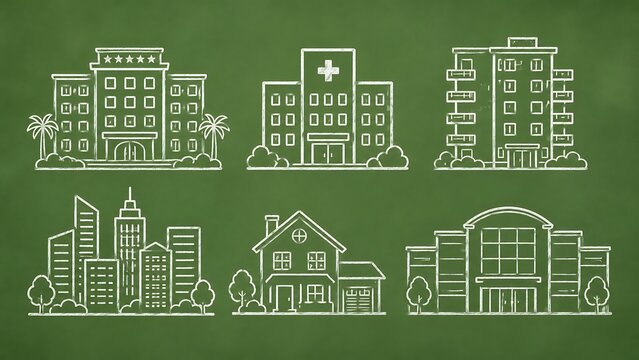Hotel, hospital, apartament, city, town house, mall with chalk outline on soft green background.