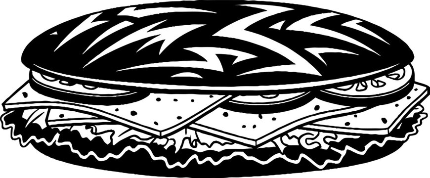 Stylized sandwich with tribal pattern on bun graphic
