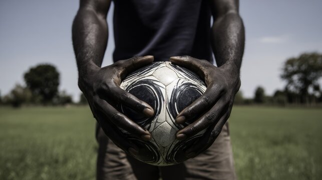 Person with dark skin holding black and white soccer ball in grassy outdoor field with blurred trees and soft natural light. Sports lifestyle concept with focused athletic equipment.