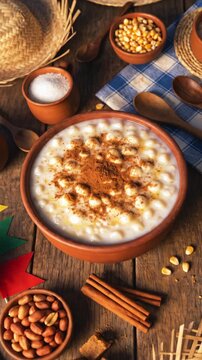 Creamy Brazilian canjica dessert served on a rustic Festa Junina table with warm festive atmosphere, traditional decorations and authentic S&atilde;o Jo&atilde;o celebration