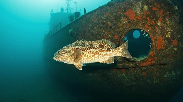 Underwater grouper fish swimming through a rusted shipwreck porthole in the deep ocean, marine life exploring artificial reef, concept of nature reclaiming human structures