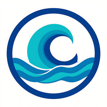 Circular emblem featuring stylized blue ocean waves and a cresting wave, representing water, nature, and fluidity