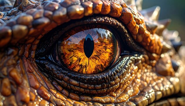Detailed Reptile Eye Glowing in Sunlight on Textured Scaly Skin