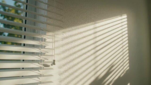 Sunlight streaming through open white horizontal venetian blinds onto a textured white interior wall, creating dramatic parallel striped shadows in a bright, minimalist room.