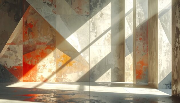 Abstract geometric wall painting with sunlight in concrete room.