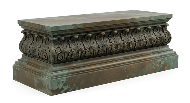 Isolated antique bronze pedestal with ornate carved acanthus leaf frieze
