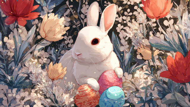 White Easter bunny with colorful eggs.