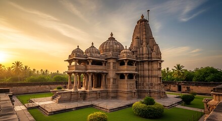 Fototapeta premium Magnificent Stone Temple Architecture Bathed in Golden Sunset Light, Showcasing Rich Cultural Heritage and Spiritual Grandeur
