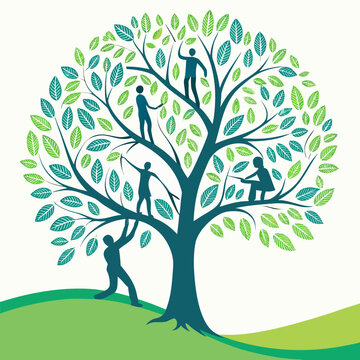 Family tree growth with people climbing branches.