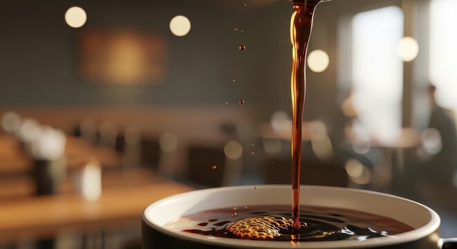 Freshly Brewed Coffee Pouring into a Ceramic Mug in Cafe Setting.