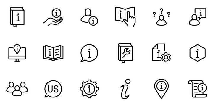 Information and Guidance Line Icons Set. Policy, Manual, FAQ, Help Desk, Documentation, Rules, Support and Reference Vector Illustration Collection.