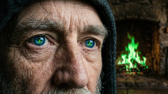 Mystical wizard merlin with green fire reflecting in blue eyes