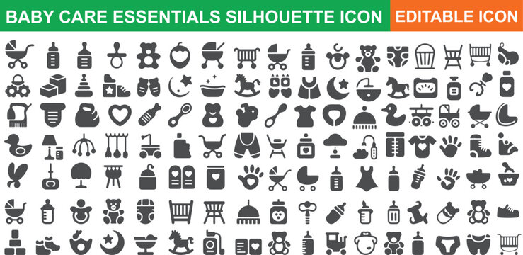 Baby care essentials silhouette icon set isolated on transparent background