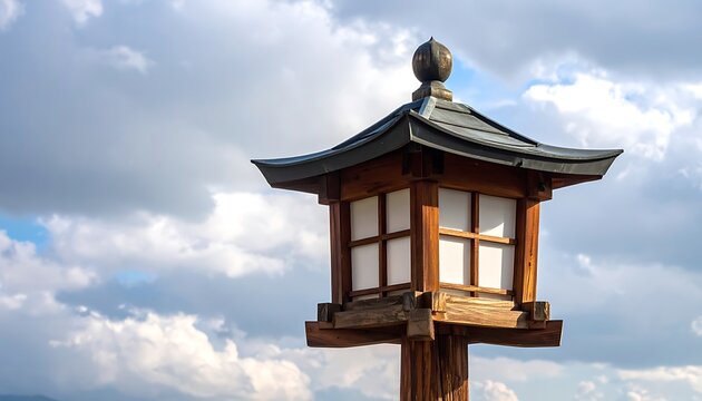 Traditional Japanese Lantern Under Cloudy Sky.