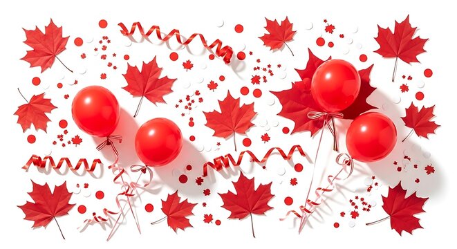 A vibrant overhead view of red maple leaves, balloons, and confetti celebrating Canada Day or a patriotic event
