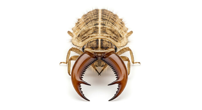 Close-up front view of a large antlion larva isolated on a white background