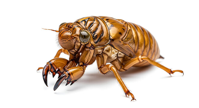 Close up of a cicada shell isolated on a white background, macro photography