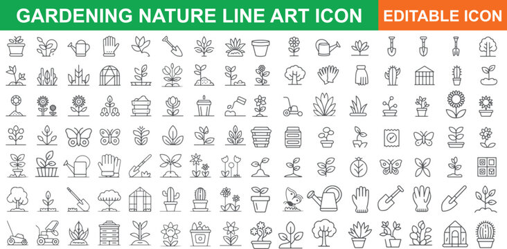 Gardening nature line art icons set isolated on transparent background