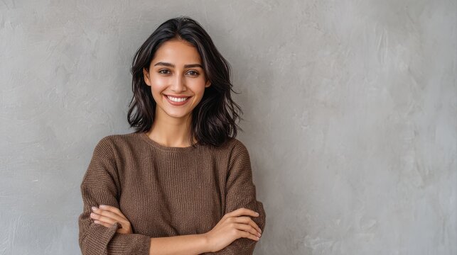 Portrait of a young latin woman with pleasant smile and crossed arms isolated on grey wall with copy space. Beautiful girl with folded arms looking at camera against grey wall. Cheerful hispanic woman