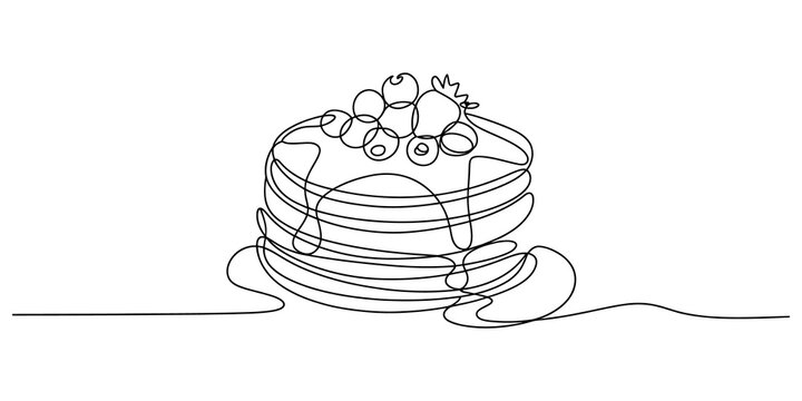 Continuous line drawing of pancakes with syrup and fruit, minimalist breakfast illustration, black and white food art, simple vector graphic