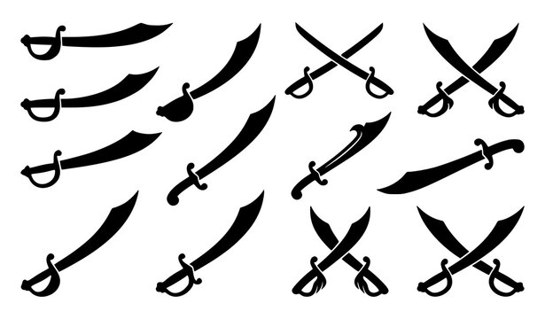 Black pirate saber and curved sword silhouette icon collection vector