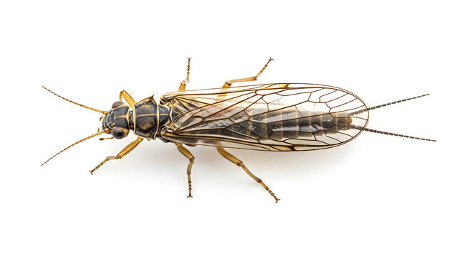 Close-up of a Stonefly insect isolated on a white background, macro photography