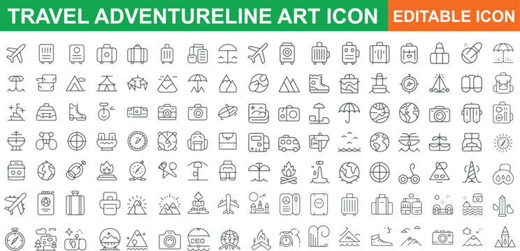 Travel adventure line art icons set isolated on transparent background