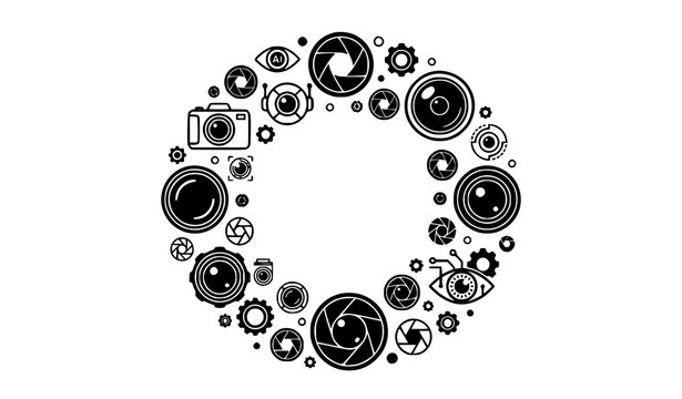 Modern camera aperture and robotic optical vision icons vector pack