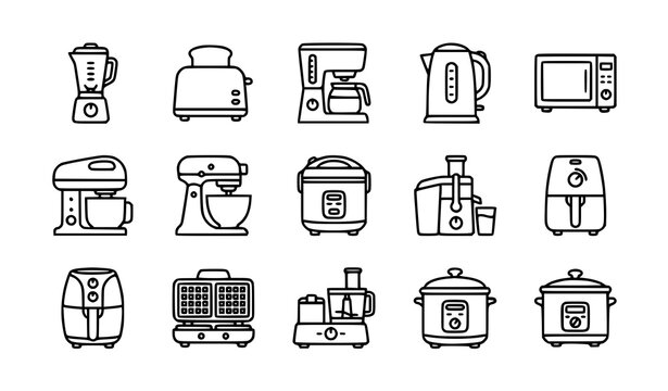 Small kitchen appliance outline icons with modern cooking gadgets vector set